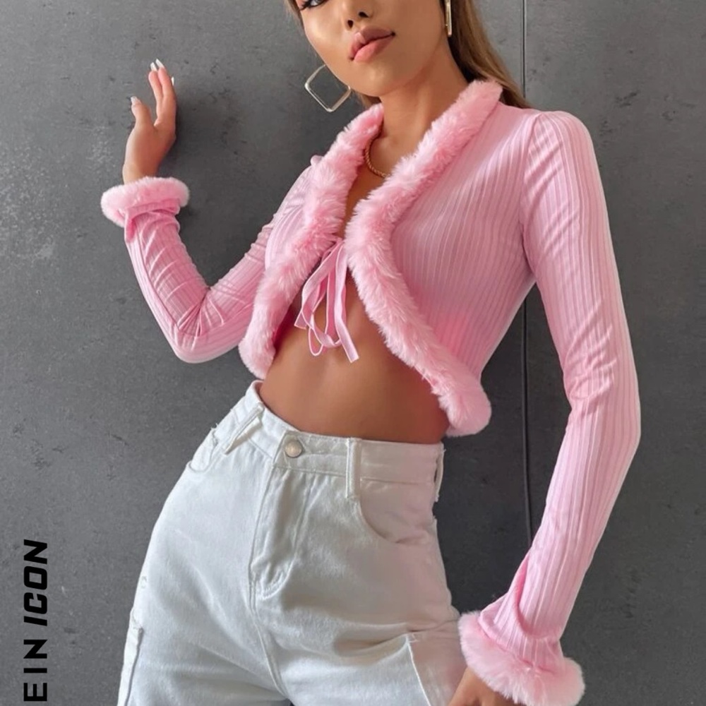 Pink Fuzzy Trim Crop Jacket - Picture 3 of 6